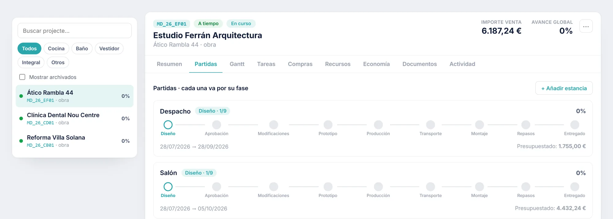 La ficha de una obra: estado, fases, avance y el margen que va quedando.